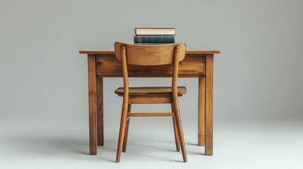 Wooden chair behind desk with stack of books in empty room