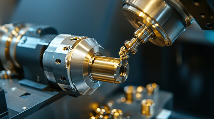 A state-of-the-art CNC machine is performing intricate tasks, shaping metallic components with high precision in a modern factory environment, showcasing advanced manufacturing techniques