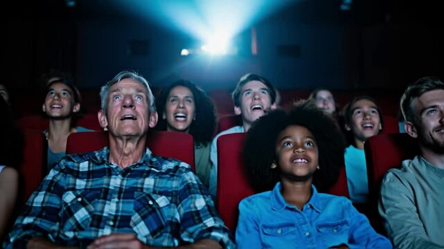 Amazed diverse audience of mixed ages watching a movie screening in a cinema, faces illuminated by projector light, conveying shared wonder and the captivating cinematic entertainment experience