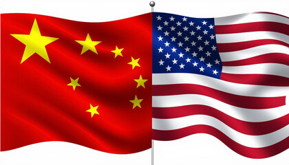 Obraz premium Two flags of the USA and China, the struggle for primacy and the tariff war. The risk of collapse of the world trading system.
