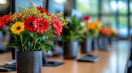 Colorful flowers office desk modern workspace.