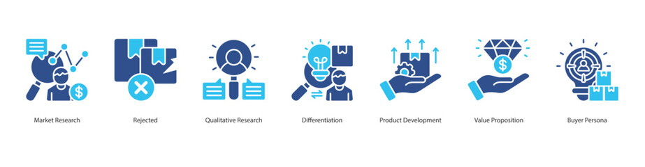 Behavioral Segmentation icon sheet style outline vector market research, rejected, qualitative research, differentiation, product development, value proposition, buyer