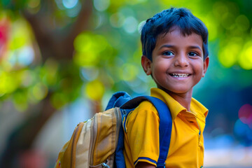 An Indian boy eagerly carrying his backpack, ready for another day of learning at school, his face lit up with excitement for the adventures ahead.