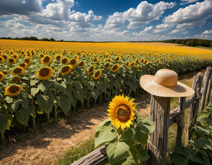 Vibrant sunflower field under a bright blue sky with dramatic clouds and a straw hat hanging on a rustic wooden fence, capturing summer nature, travel, and countryside charm.