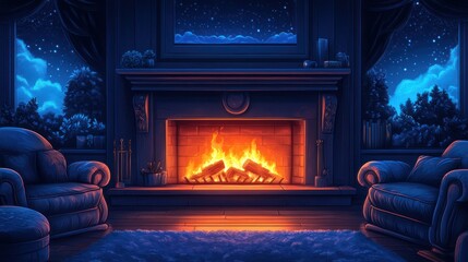 Cozy Night Fireplace Room with Snowy Landscape View