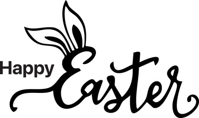 Obraz premium Happy Easter banner, poster, greeting card. Trendy Easter design with typography, bunnies, flowers, eggs, bunny ears, modern symbol Easter banner