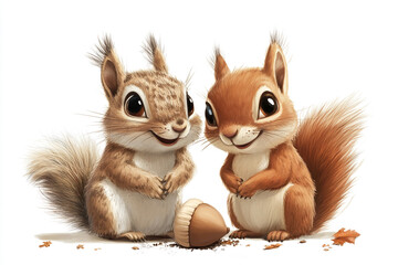 Two adorable cartoon squirrels&mdash;one red and one white&mdash;engaged in a friendly conversation, illustrated in a playful, colorful style.