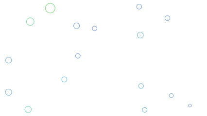 A minimalist design featuring scattered translucent circles in blue and green against a white background, creating a light and airy effect.