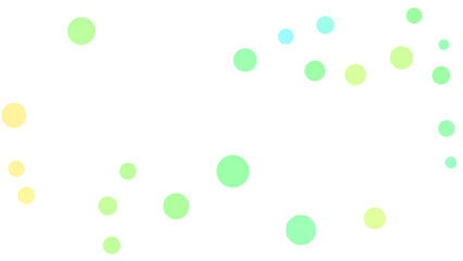A whimsical pattern of soft, pastel green, blue, and yellow circles against a white background, creating a light, airy feel.