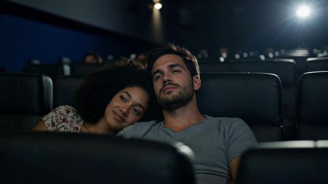 Diverse couple sitting closely in a dark cinema, woman resting head gently on man's shoulder watching the movie, sharing a quiet intimate moment together during a date night screening experience