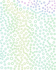 A minimalist design featuring scattered, overlapping circles in varying sizes and gradient colors of green, blue, and purple on a white background.