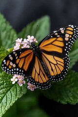 Monarch butterfly resting on pink flowers.