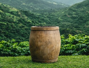 Obraz premium Wooden barrel planter on a lush green hillside.