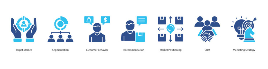 Market Positioning Strategies Icon sheet style outline vector target market, segmentation, customer behavior, recommendation, market positioning, crm, marketing strategy