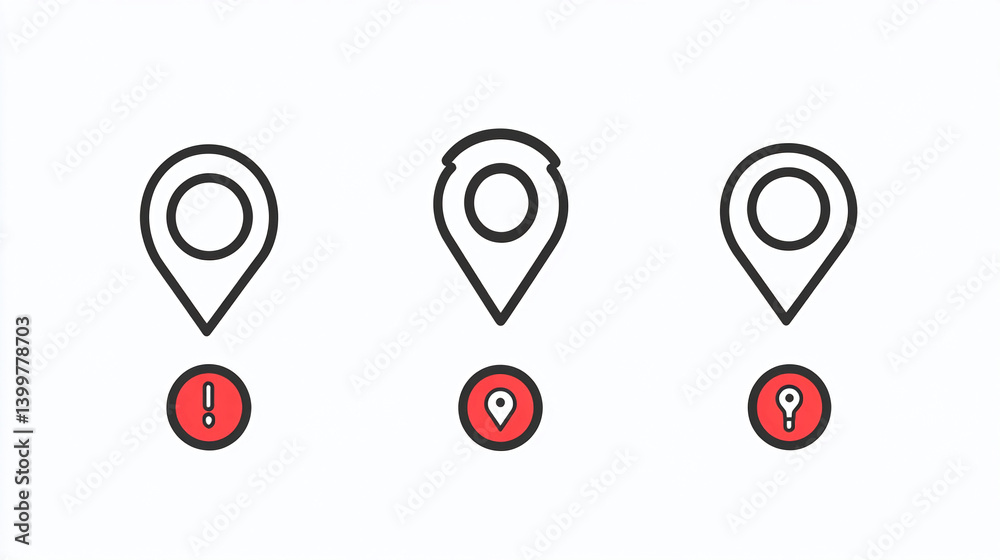 Poster location pin icons with error question and map marker symbols for gps navigation and destination sea