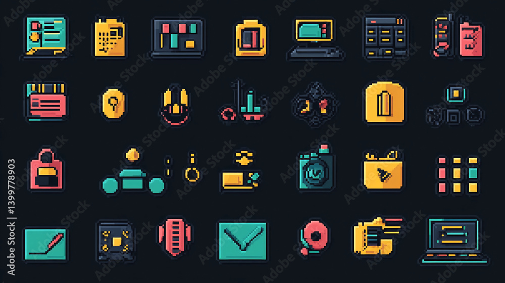 Poster pixel art icons set for web design and mobile app development resources vector graphics resource pac