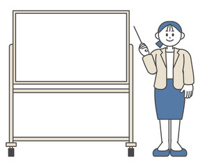 ホワイトボードの前で説明するスーツ姿の女性