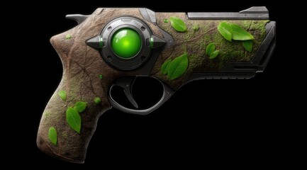 A futuristic pistol with a mossy texture and green leaves.
