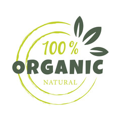 Eco-friendly vector label with “100% Organic” text in vintage stamp style. Perfect for natural product branding, packaging, healthy food, cosmetics, and farm product design.