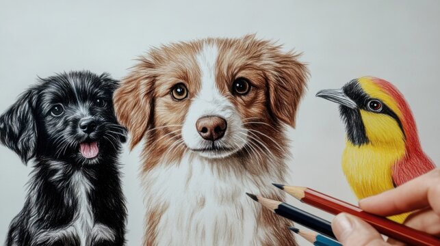 How to draw animals worksheet with four-step process for cat, dog, and bird, beginner friendly