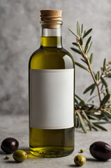Obraz premium Olive oil bottle with olives and olive branch on a textured background arranged for a culinary display