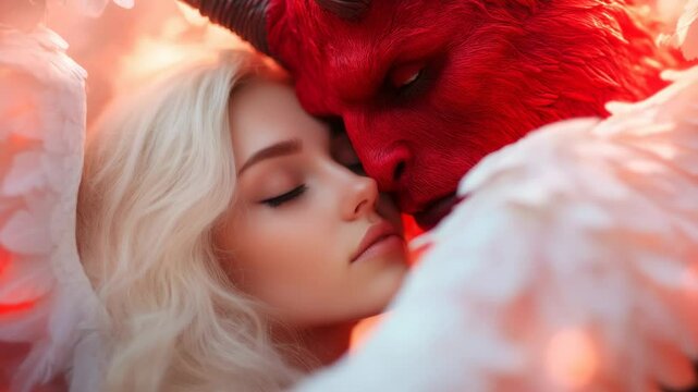 Fantasy romance unfolds as angel and demon unite in a moment of tender connection