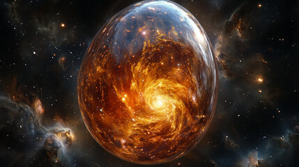 Close-up of a glowing egg floating in space, cracked open with galaxies spiraling out.