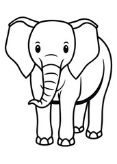 A simple black and white line drawing of a cartoon elephant facing forward.