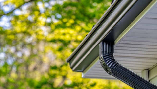 Close-up of modern home gutters and roofing.  A dark gray gutter system runs along the edge of a light gray roofline, seamlessly connected to the house's exterior.  