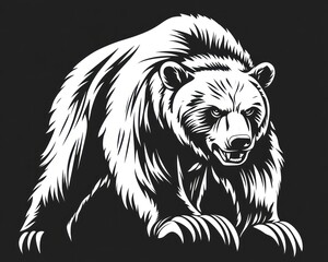 Fototapeta premium Grizzly bear portrait, menacing stance, dark background, wildlife illustration, logo design