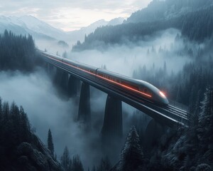 Futuristic highspeed train on misty mountain bridge at night