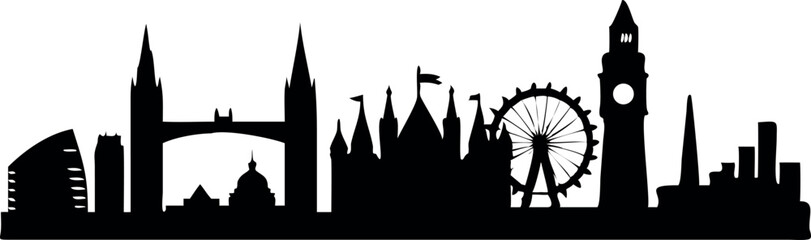 Silhouette of London Skyline with Iconic City Landmarks on White Background


