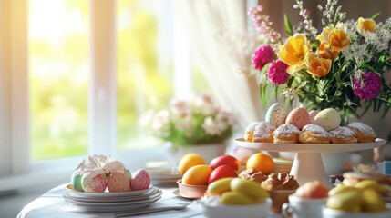 Easter brunch table with pastries fruit flowers and eggs