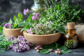 Fresh herbs and essential oils in rustic setting