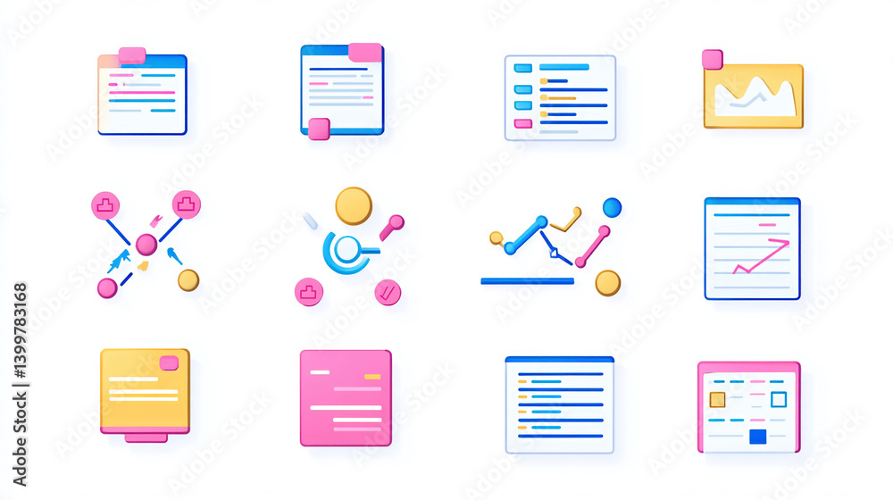 Poster isometric data analysis icons set for business intelligence and data visualization concept design ve