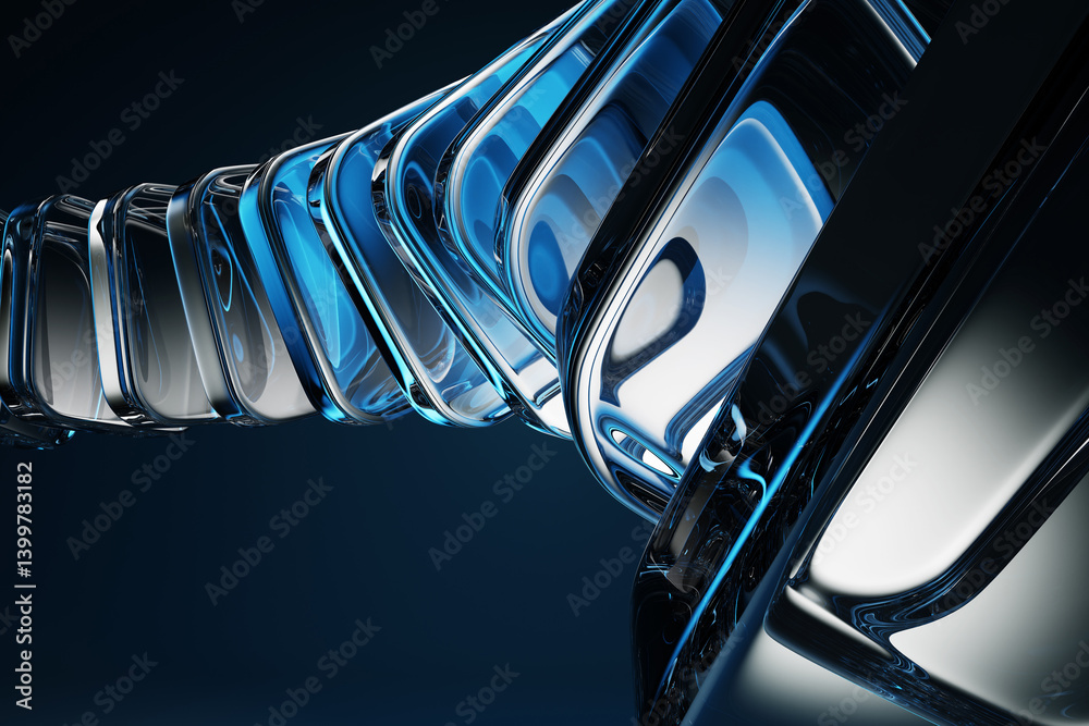 Poster Dark blue 3d background with glass transparent block shapes row. Abstract curve wave line pattern. Crystal square plates with flare and light refraction on neon black bg. Digital tech. 3D illustration