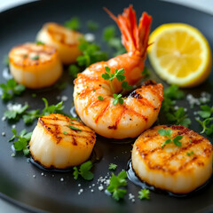 Grilled Shrimp and Scallops Gourmet Dish with Fresh Herbs and Lemon – Seafood Cuisine.