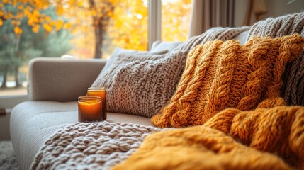 Cozy autumn living room with knitted blankets and candles