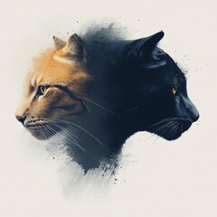 Oil painting of a split-faced cat showing the contrast between a golden feline and a shadowed black cat