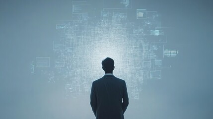 Man in suit facing abstract digital display with glowing center and document icons scattered around
