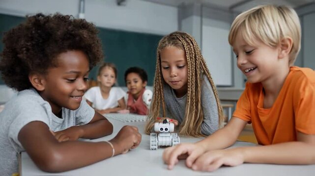Diverse group of smiling elementary students (boys and girl) interacting enthusiastically with a small wheeled robot on a desk, engaged in collaborative stem learning and robotics education fun