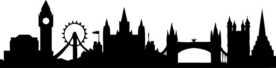 Fototapeta premium Silhouette of London Skyline with Iconic City Landmarks on White Background