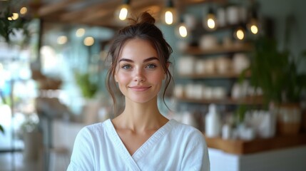 Serene Woman with Warm Smile in Spa Setting for Wellness and Self-Care Promotion