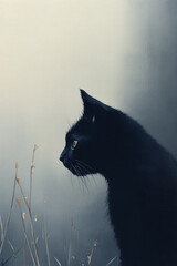 Black cat silhouette against a muted background in an oil painting style
