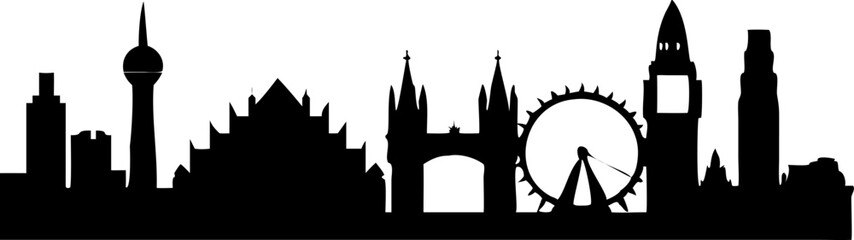 Silhouette of London Skyline with Iconic City Landmarks on White Background

