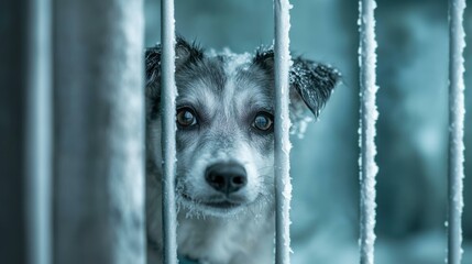 Portrait of a Sad Dog Behind Bars with Snow on Its Fur and Cold, Moody Lighting
