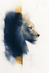 Majestic lion profile in oil painting surrounded by abstract textures and colors creating a captivating wall art piece