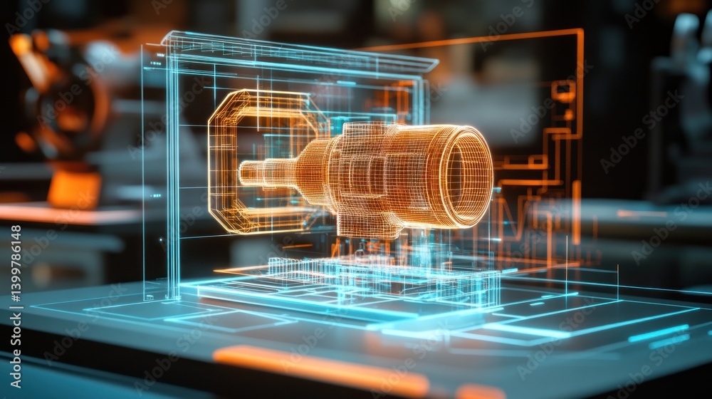 Fototapete holographic 3d model of a machine part displayed on a digital interface in a modern workshop.