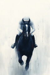 Dynamic black horse galloping with rider or jockey in modern impressionist style