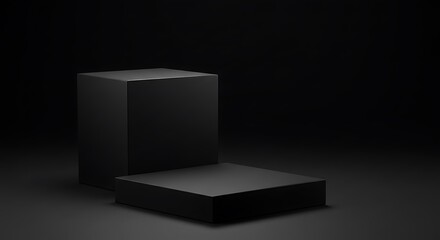 Dark Minimalist 3D Render: Two Black Cubes on a Shadowy Platform AI Generated